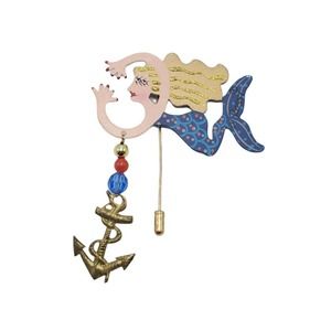 Vintage Whimsical Fanciful Flights Painted Mermaid ROSSI 2 3/4" Stick Brooch